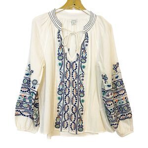 Sundance Lexley Peasant Tunic Top Blouse Embroidered Sz M Cream Blue